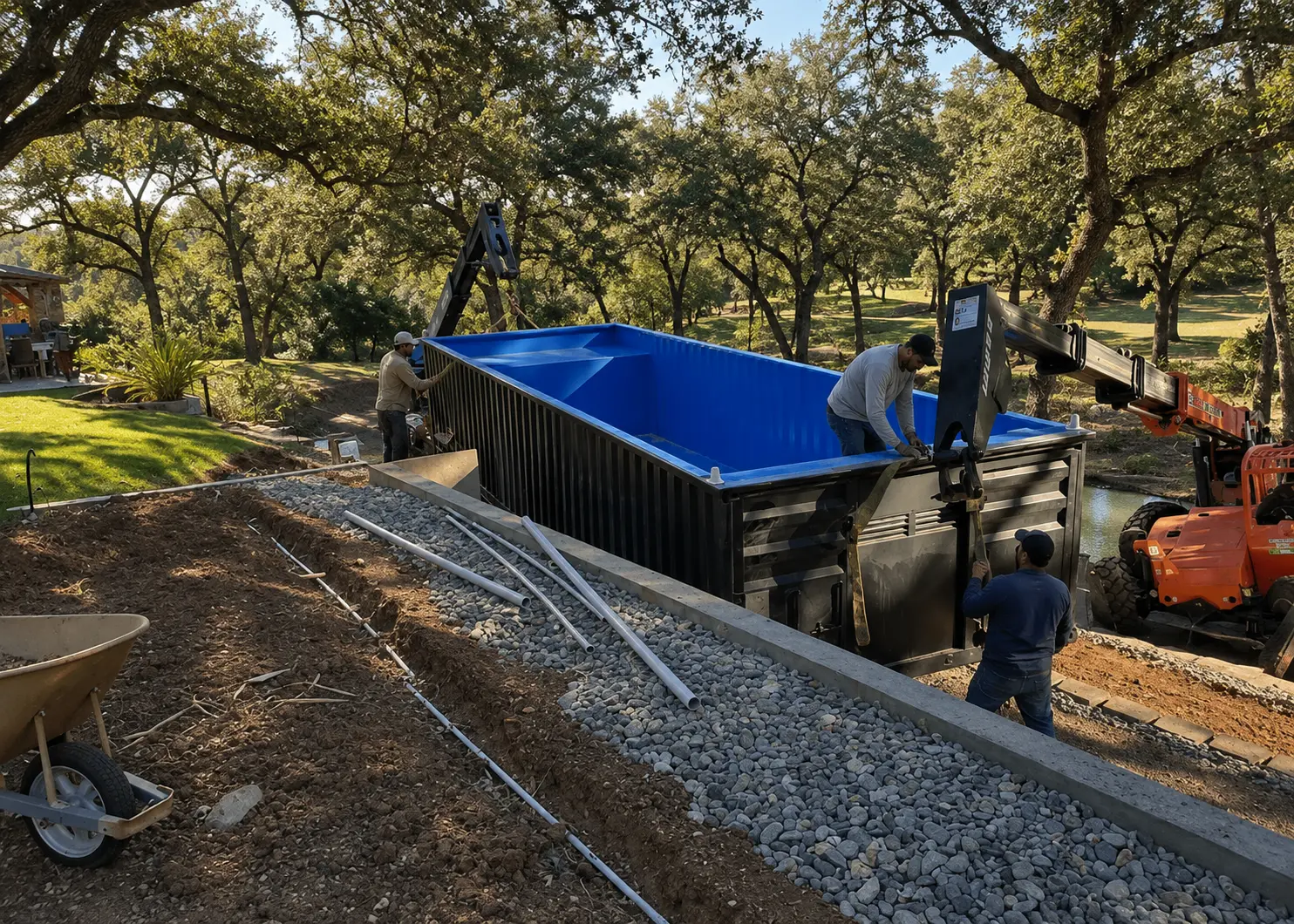 Container pool shell being lowered into place on a prepared site by the install crew