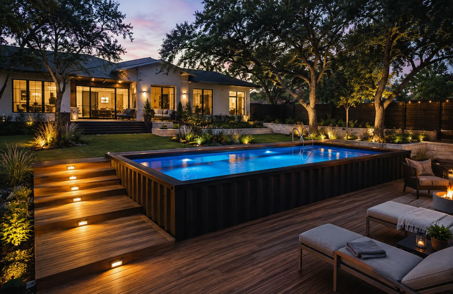 Container pool on a hardwood deck with lit stairs and a fire pit at dusk